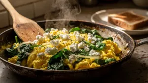 Cette poêlée fondante aux épinards, œufs et feta ne demande que 12 minutes chrono