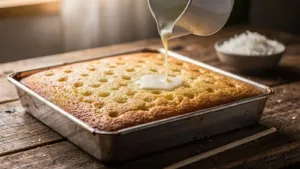 Gâteau coco : percez la mie pour l’imbiber de lait de coco et de lait concentré sucré