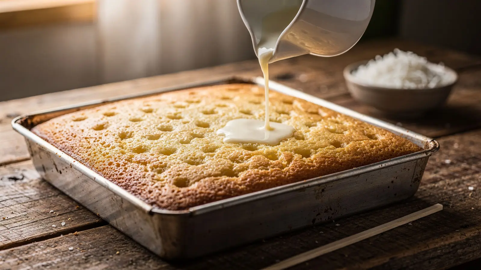 Gâteau coco : percez la mie pour l’imbiber de lait de coco et de lait concentré sucré Gâteau coco : percez la mie pour l’imbiber de lait de coco et de lait concentré sucré