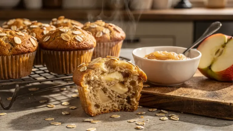 Muffins avoine-pomme : la compote de pommes remplace le beurre dans la pâte Muffins avoine-pomme : la compote de pommes remplace le beurre dans la pâte