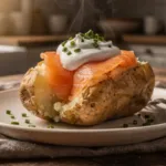 Pomme de terre au saumon fumé et à la crème : cuisson au micro-ondes puis au four