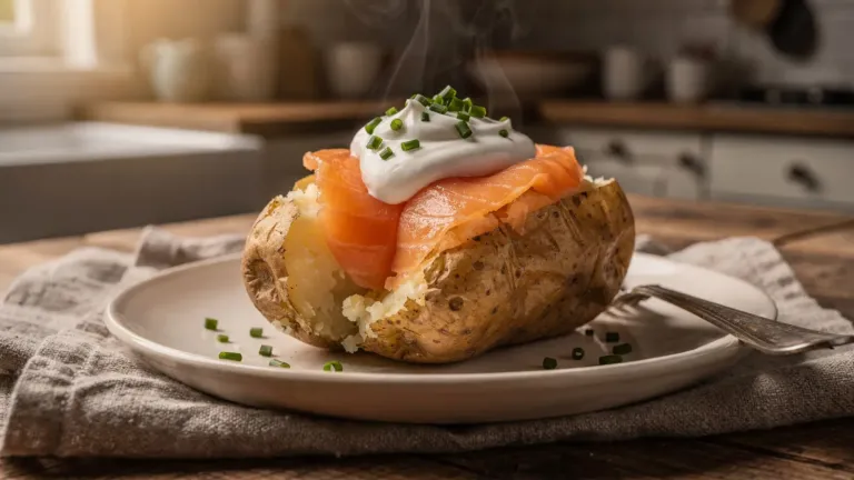 Pomme de terre au saumon fumé et à la crème : cuisson au micro-ondes puis au four Pomme de terre au saumon fumé et à la crème : cuisson au micro-ondes puis au four